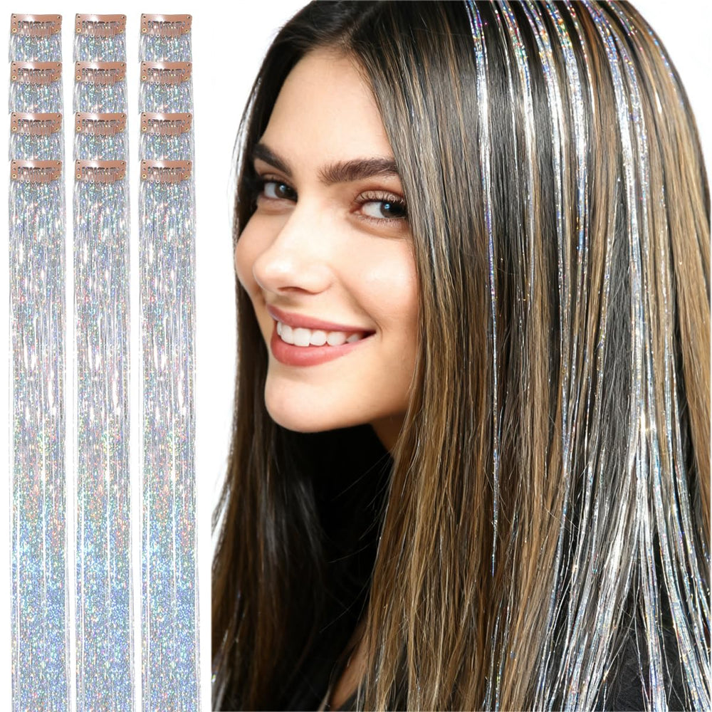 CelineBella silver hair tinsel 24 inch adds dense, bright sparkle for events