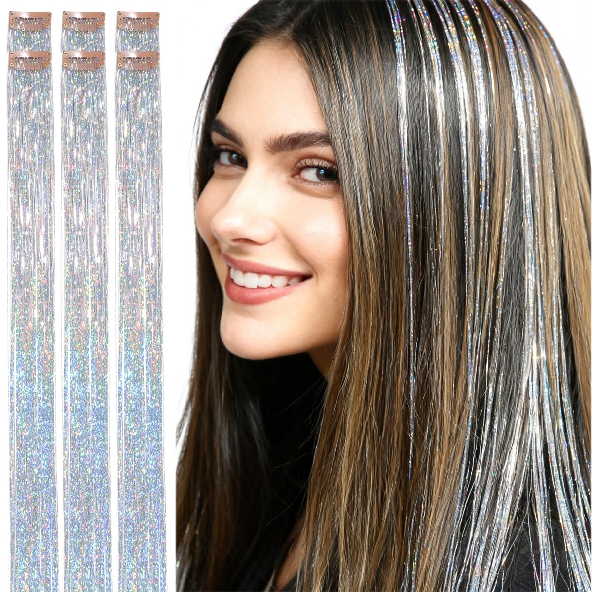 CelineBella silver hair tinsel clip-in 24-inch adds voluminous shine for daily wear
