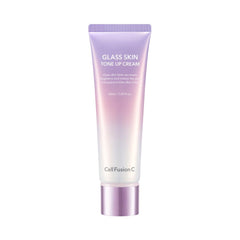 Cell Fusion C glass skin tone up cream bottle closeup highlighting radiant glow