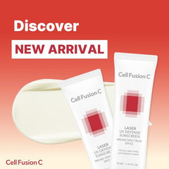 Cell Fusion C Laser UV Defense Sunscreen label SPF 50 for daily protection.