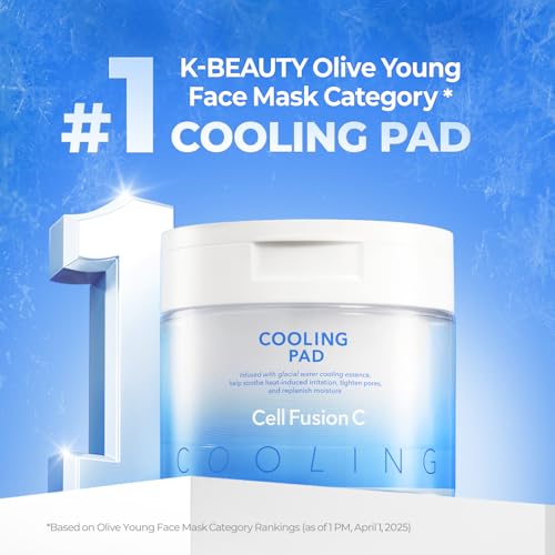 Cell Fusion C Post Alpha Cooling Pad label features panthenol and glacier water for hydration.