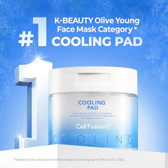 Cell Fusion C Post Alpha Cooling Pad label features panthenol and glacier water for hydration.