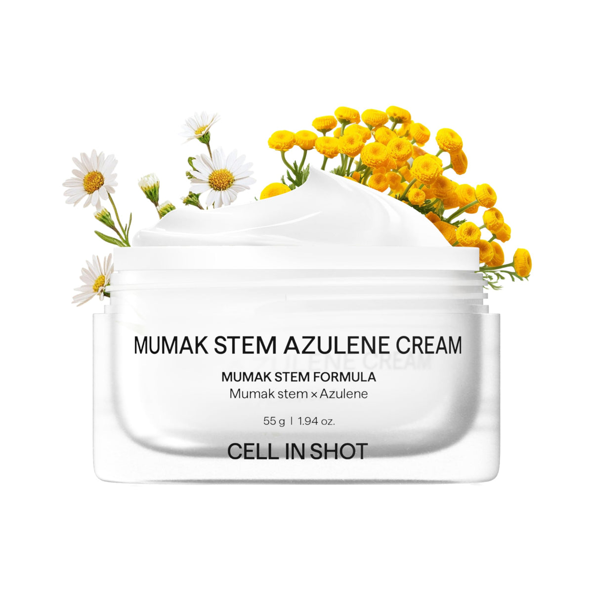 CELL IN SHOT Mumak Stem Azulene Cream bottle shows long-lasting hydration for dry skin