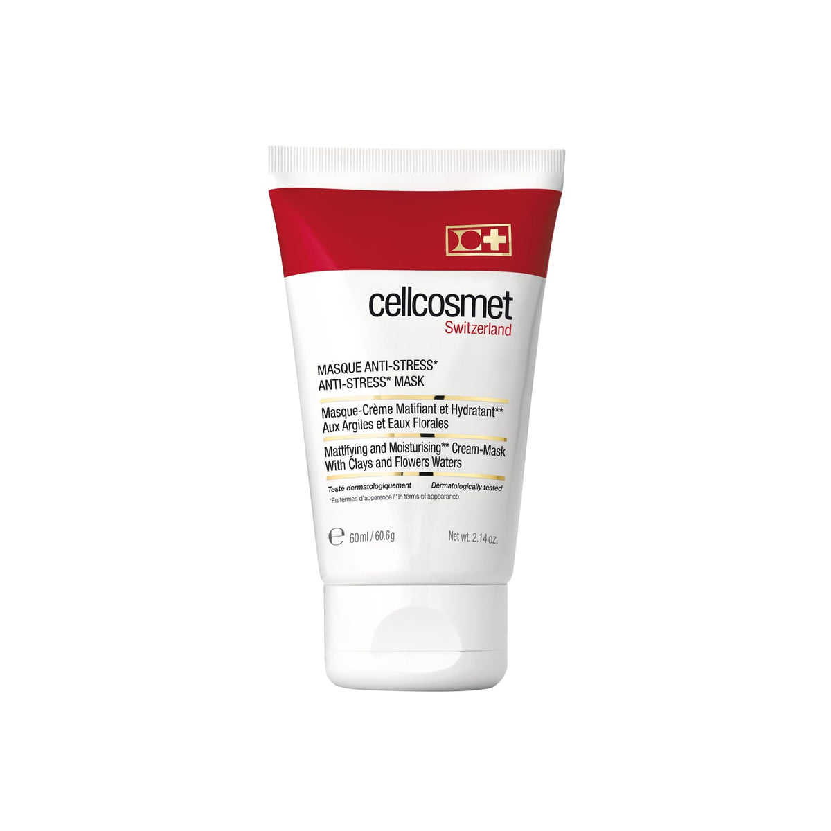 Cellcosmet Anti-Stress Mask packshot shows soothing, mattifying cream texture for calmer skin.