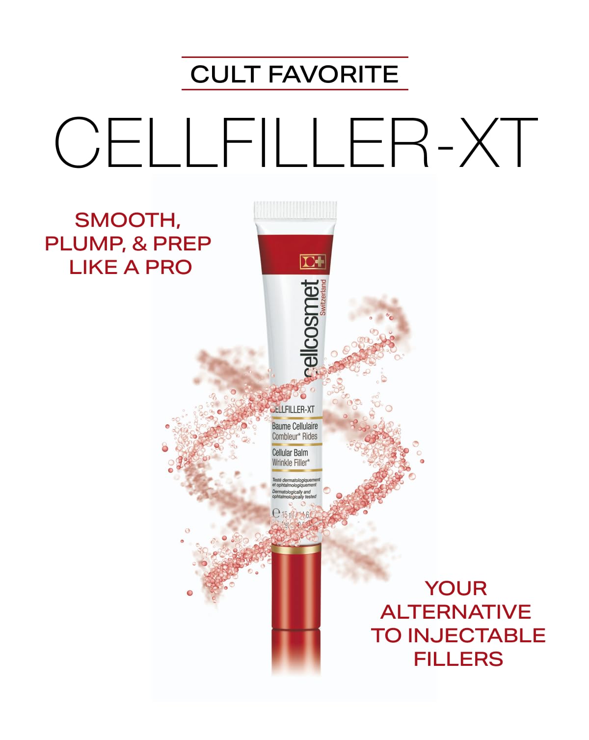 Cellcosmet CellFiller-XT cream texture highlighting plump, smoothing feel.