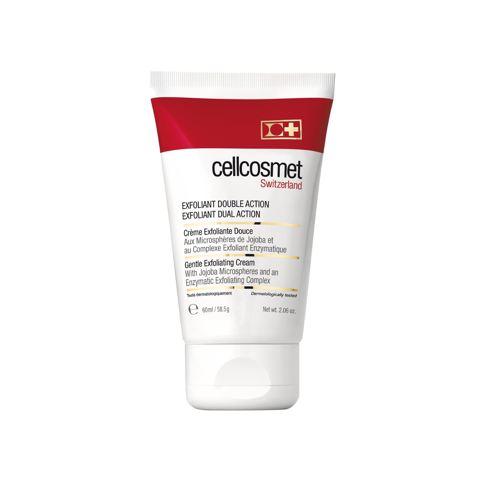 Cellcosmet Exfoliant Dual Action bottle close-up shows gentle exfoliation for smoother skin.