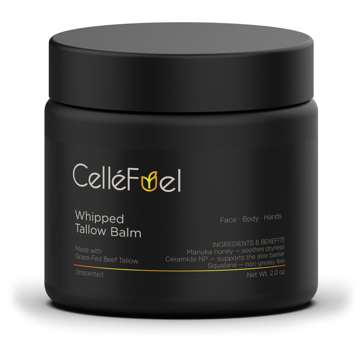 CelleFuel whipped tallow balm jar front shows rich melt-in texture for skin