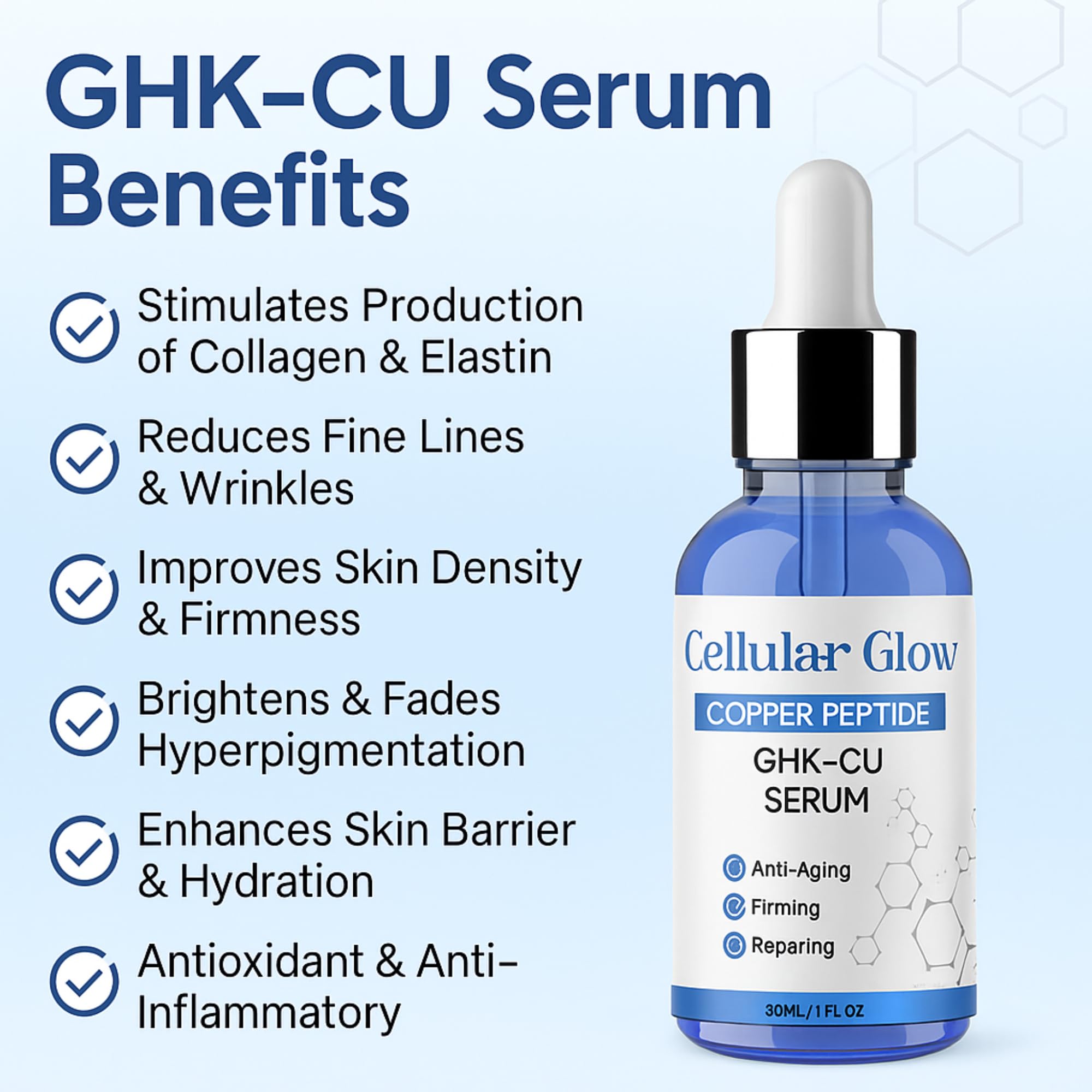 Cellular Glow Copper Peptides Serum dropper highlighting hydration and plumping benefits.