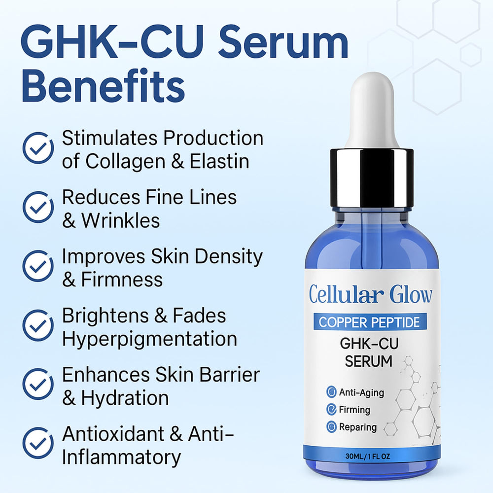 Cellular Glow Copper Peptides Serum dropper highlighting hydration and plumping benefits.