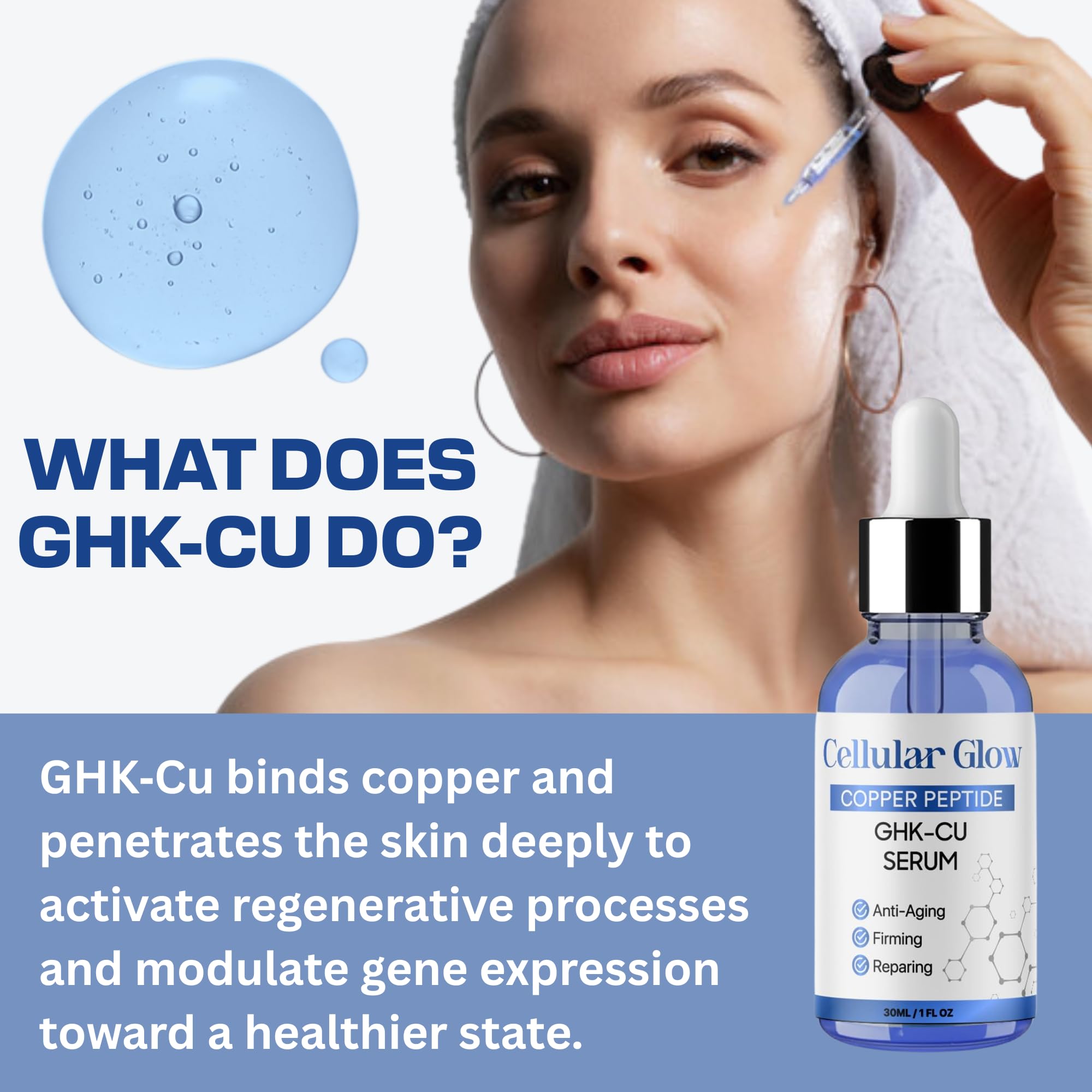 Cellular Glow Copper Peptides Serum label close-up emphasizes clean ingredients.