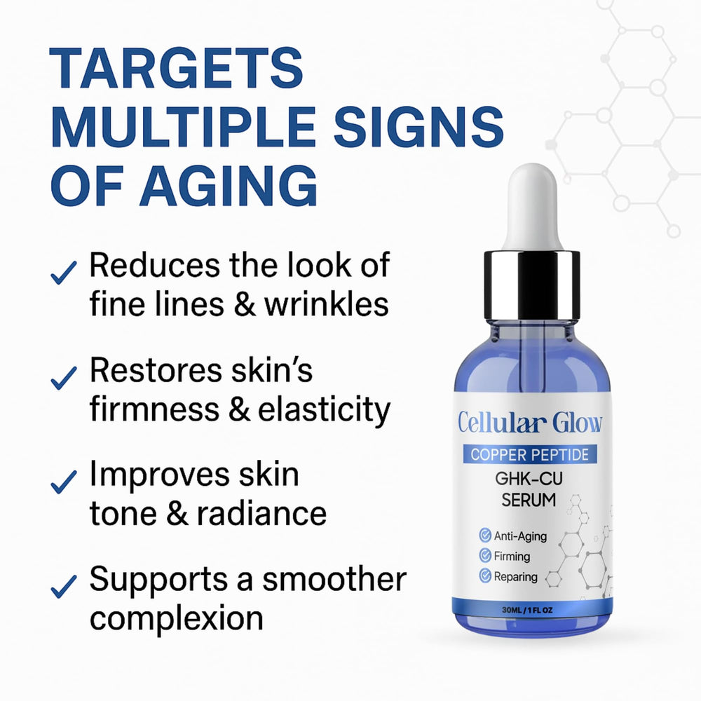 Cellular Glow packaging image highlights premium serum with GHK-Cu and hyaluronic acid.