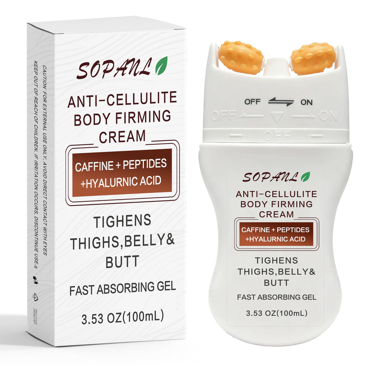 Cellulite cream with massage roller applied on legs for smoothing and absorption.