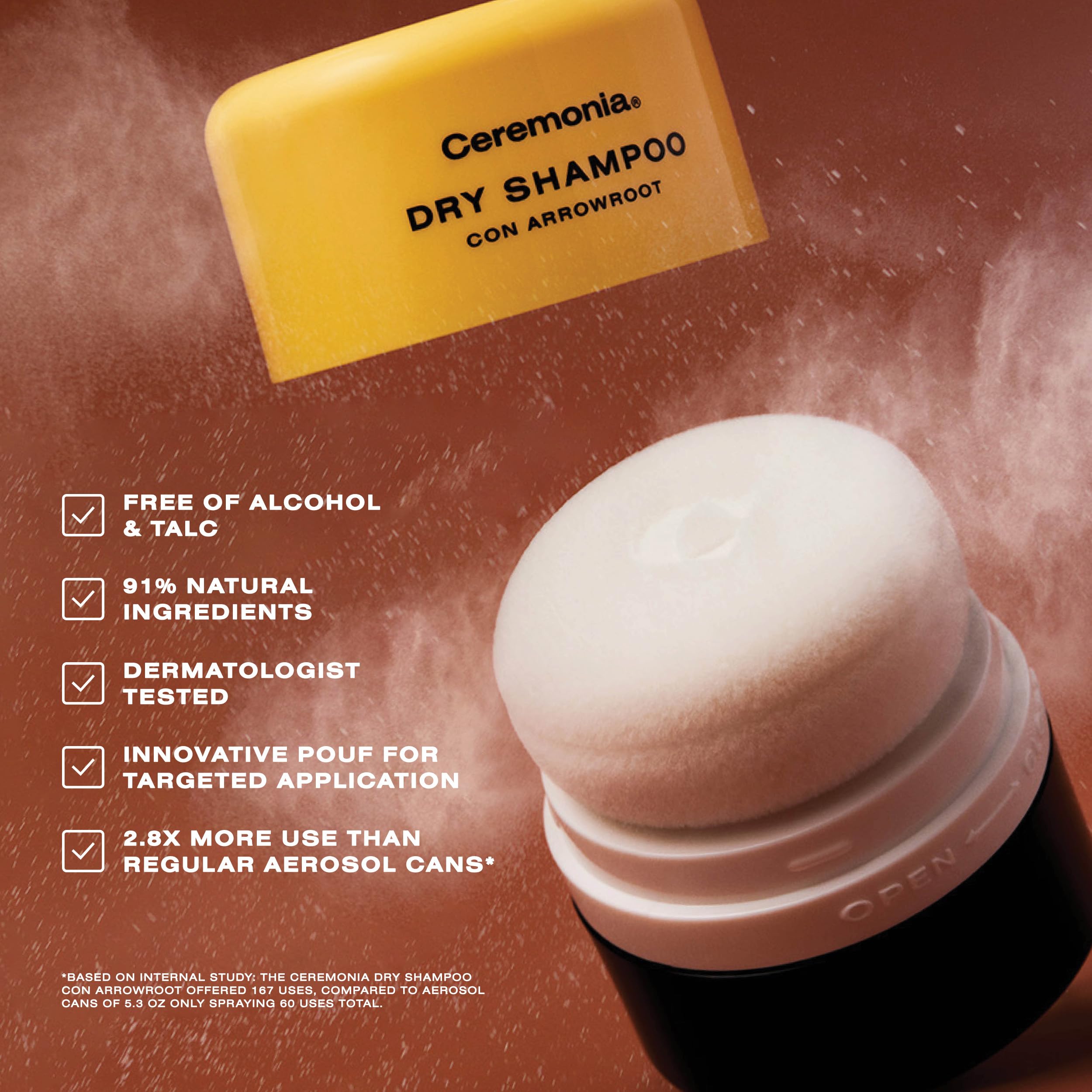 Natural ingredients highlight arrowroot and clays in Ceremonia formula.