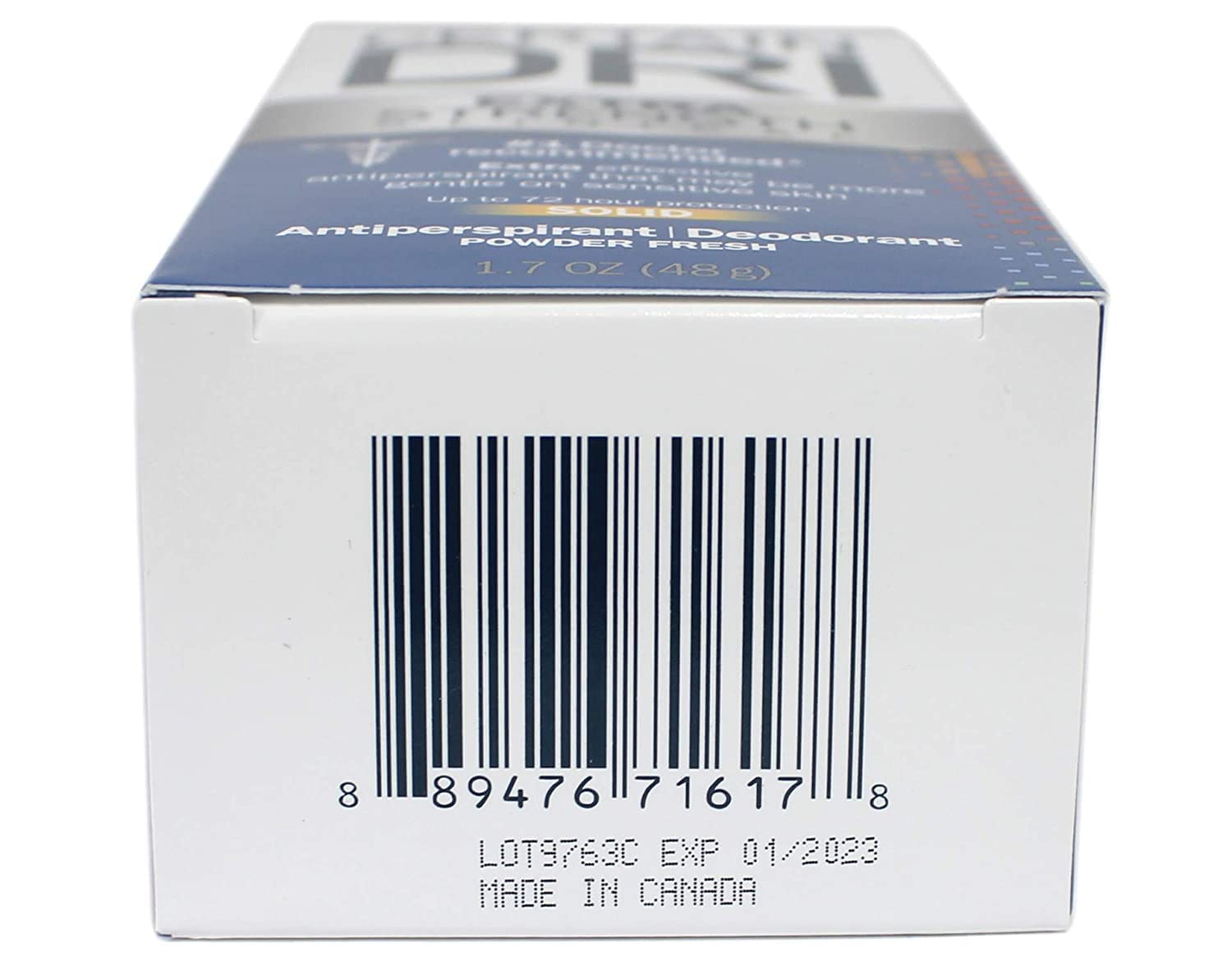 Packaging close-up showing 72-hour protection claim on Certain Dri