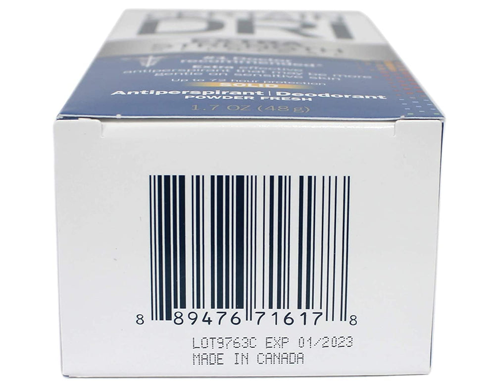 Packaging close-up showing 72-hour protection claim on Certain Dri