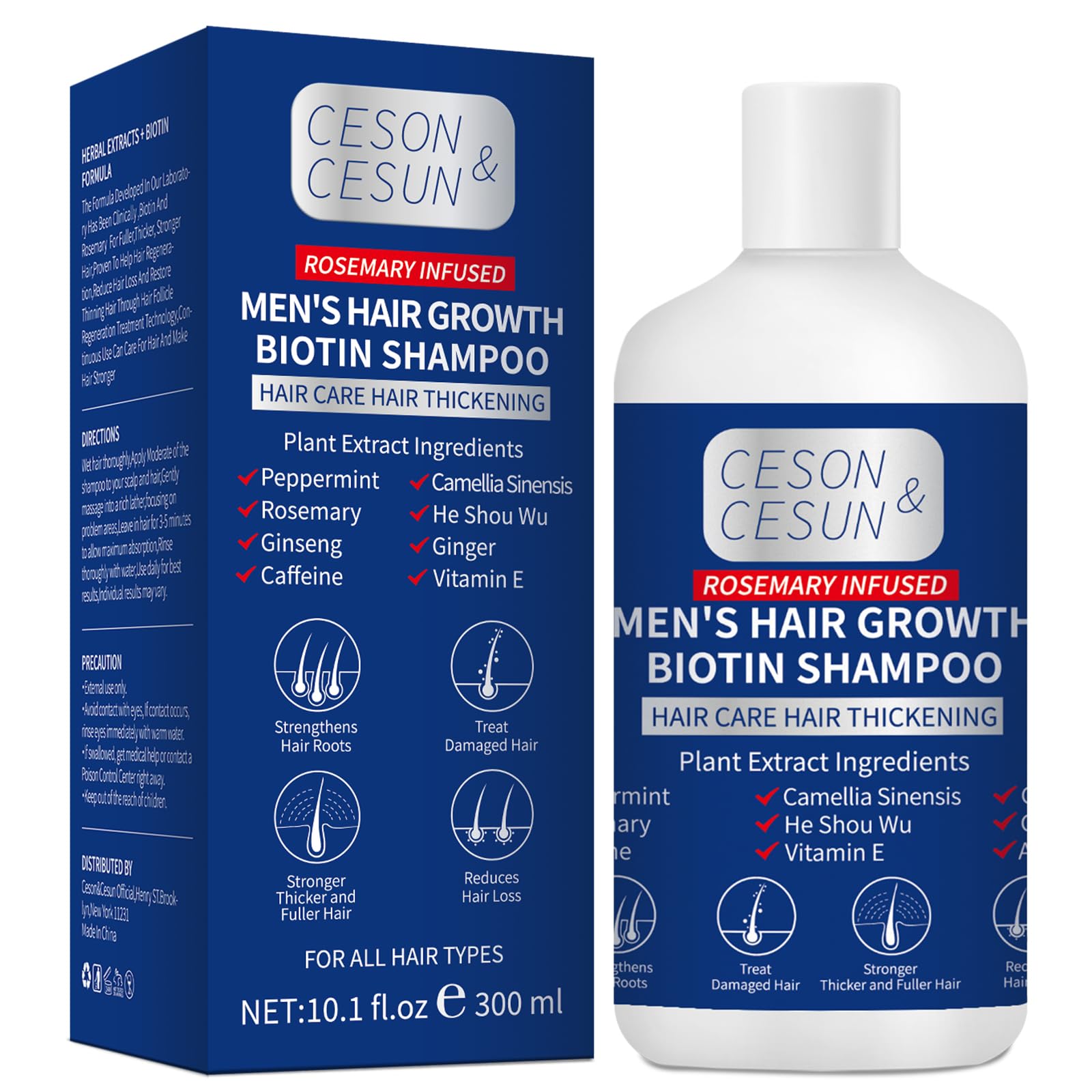 Ceson&Cesun rosemary biotin shampoo bottle front promotes a thicker look.