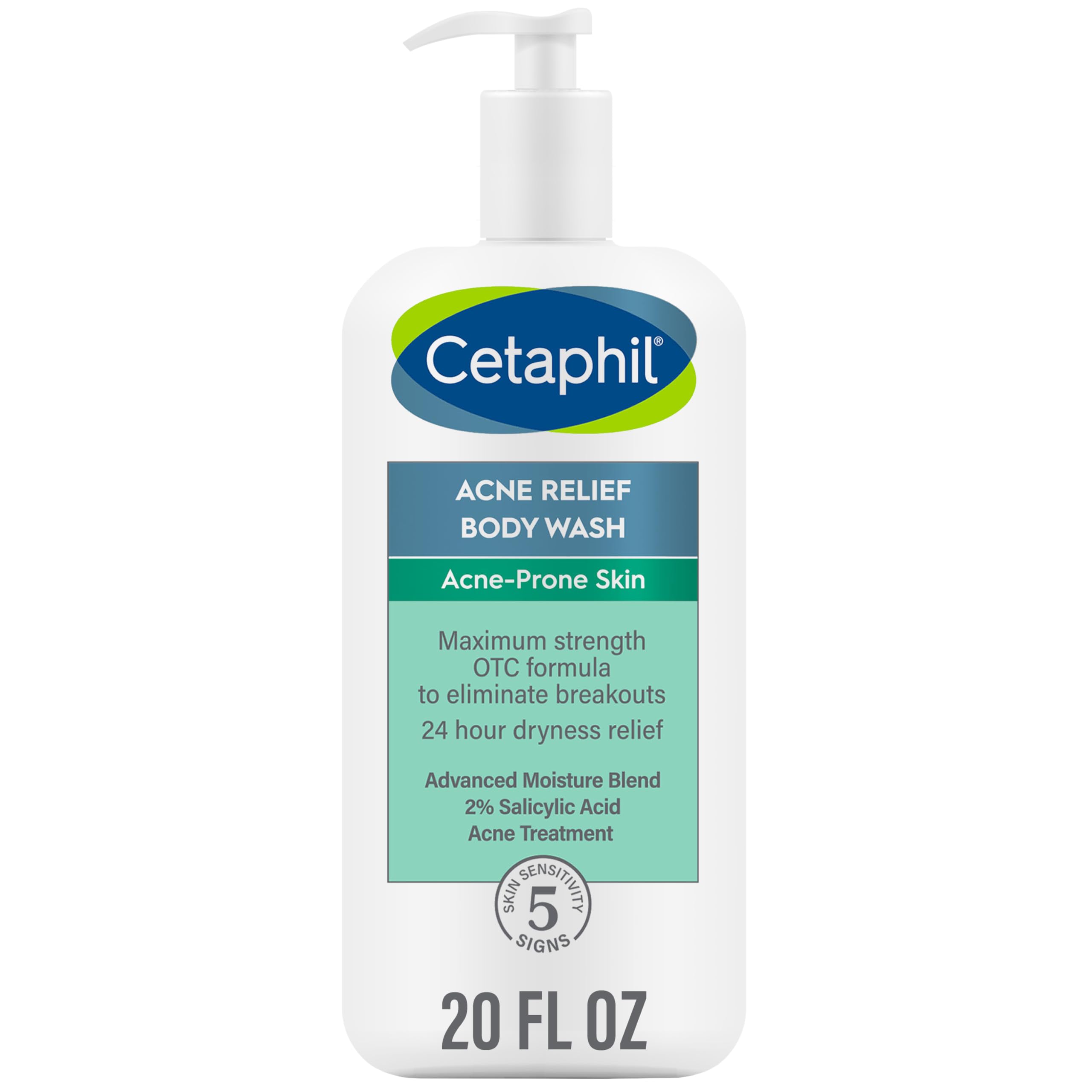Cetaphil Acne Relief Body Wash bottle closeup shows the 2% salicylic acid formula for gentle exfoliation