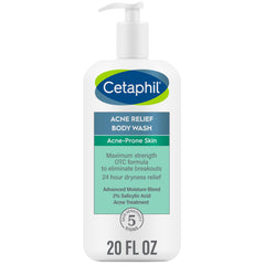 Cetaphil Acne Relief Body Wash bottle closeup shows the 2% salicylic acid formula for gentle exfoliation