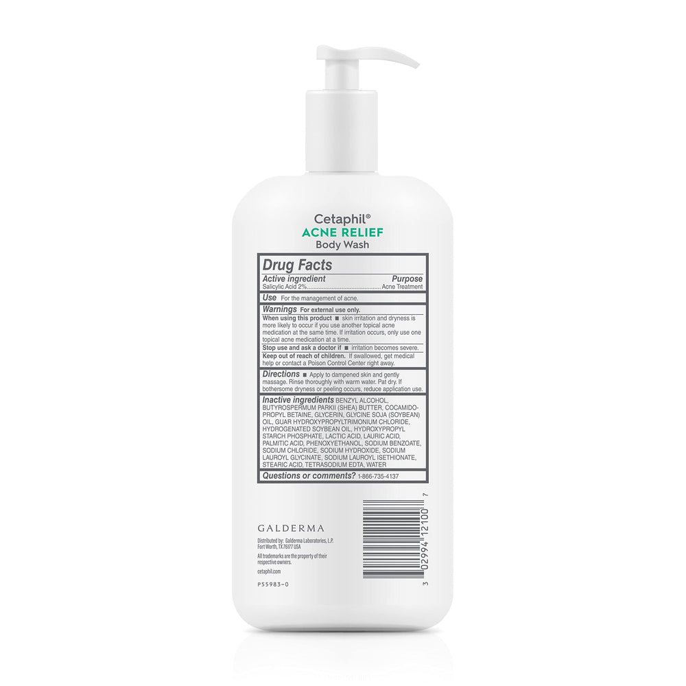 Cetaphil Acne Relief Body Wash dermatologist-tested label visible for sensitive skin