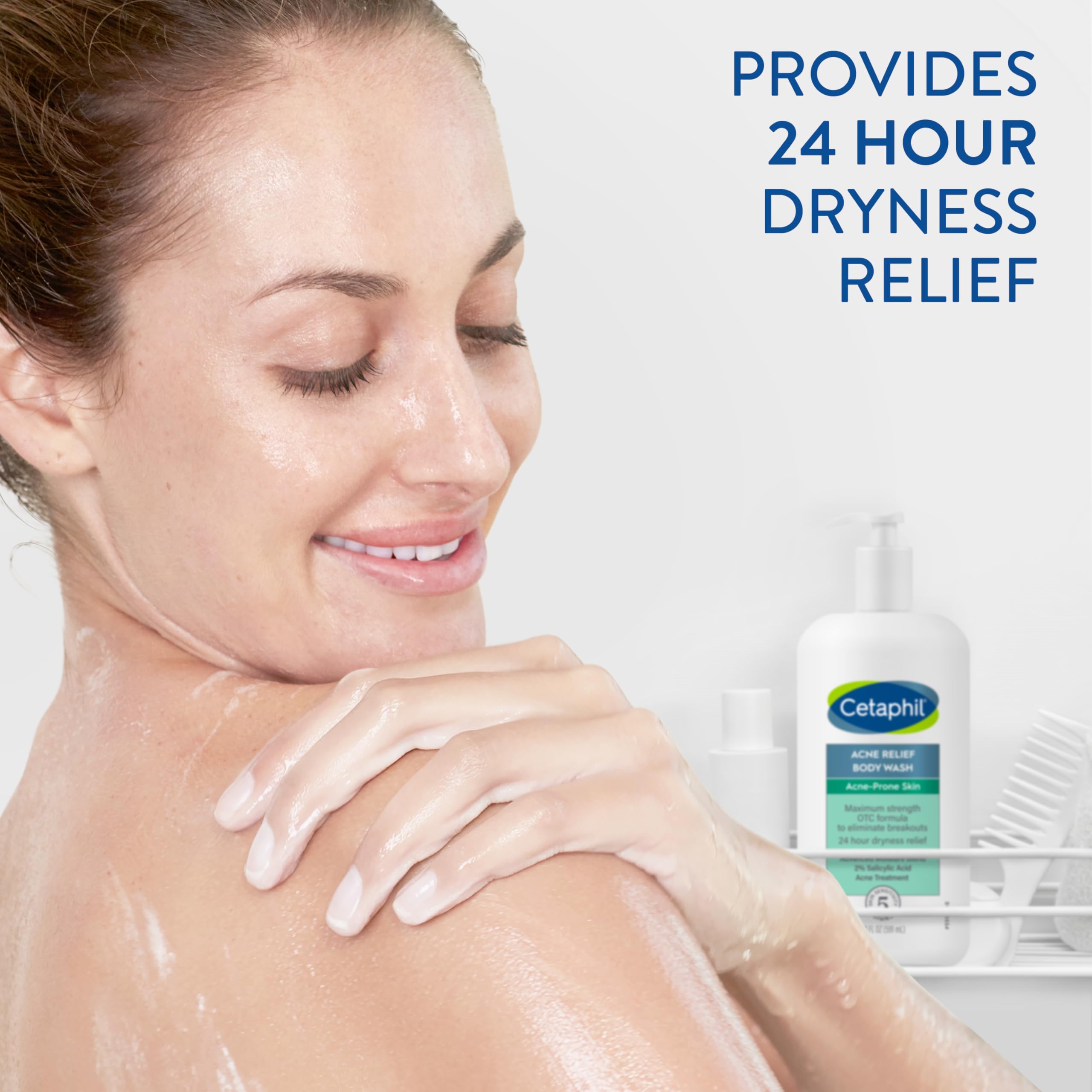 Cetaphil Acne Relief Body Wash pump dispensing shown for easy shower use