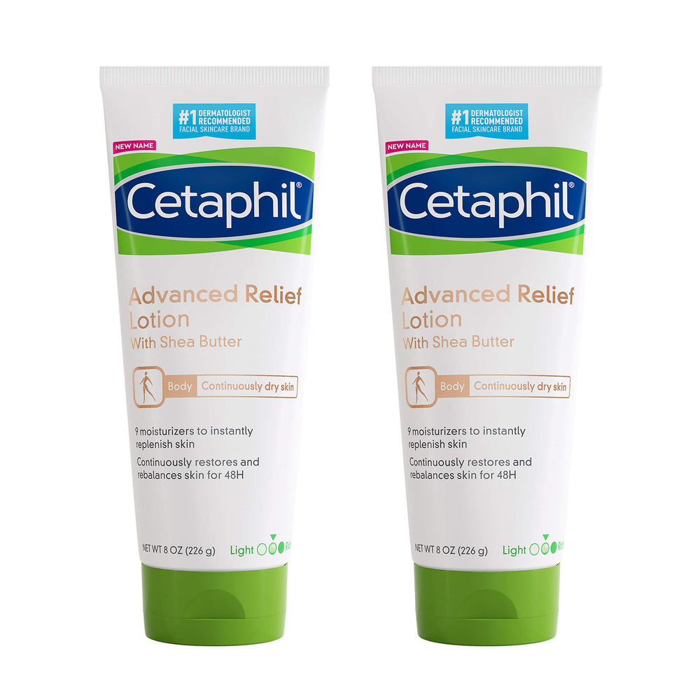 Cetaphil Advanced Relief Lotion bottle demonstrates daily dry-skin hydration.