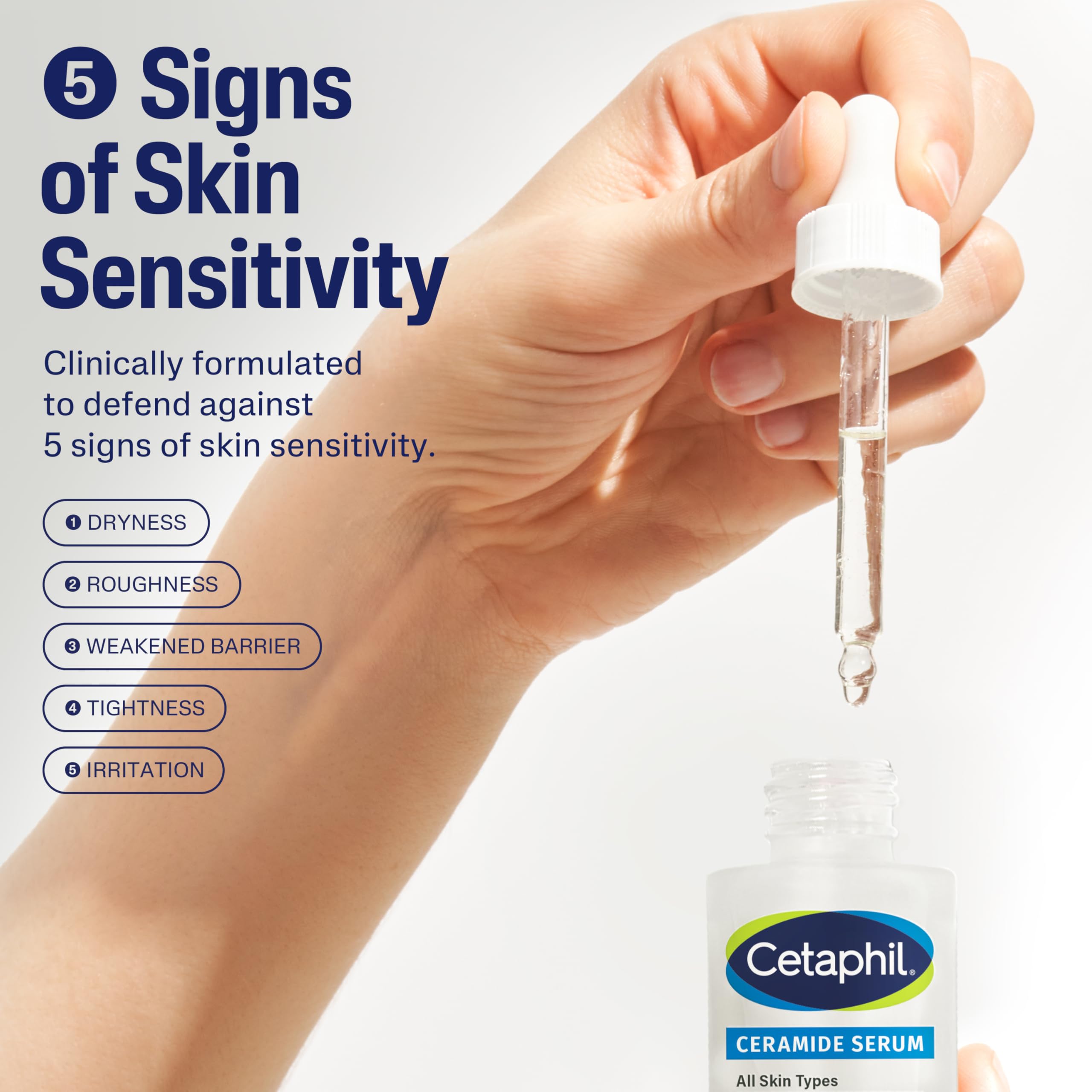 Close-up of Cetaphil Ceramide Serum ingredients sheet highlighting ceramides and centella asiatica