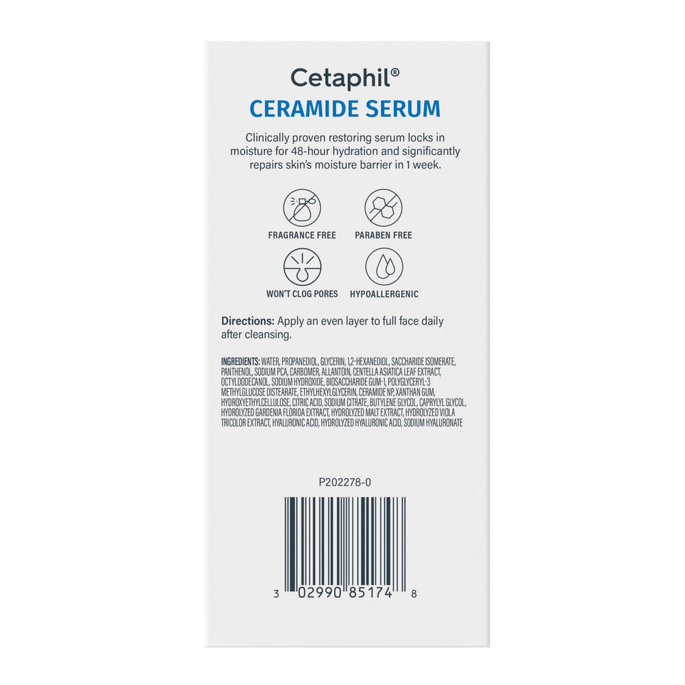 Fragrance-free Cetaphil Serum packaging with simple, clean label