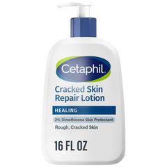 Cetaphil Cracked Skin Repair Lotion bottle highlights daily hydration for rough skin.