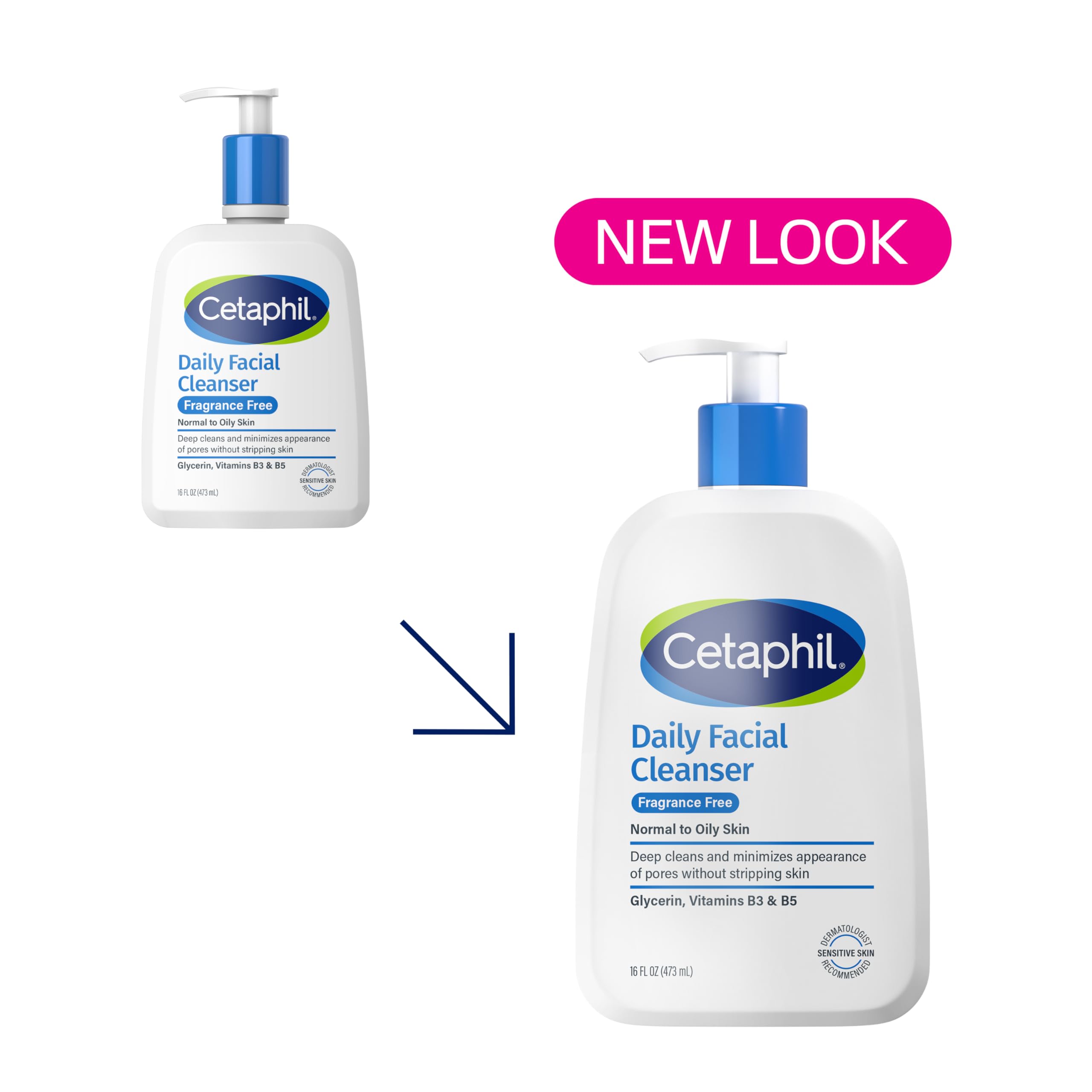 Cetaphil Daily Facial Cleanser pump close-up, easy-dispense for gentle cleansing.
