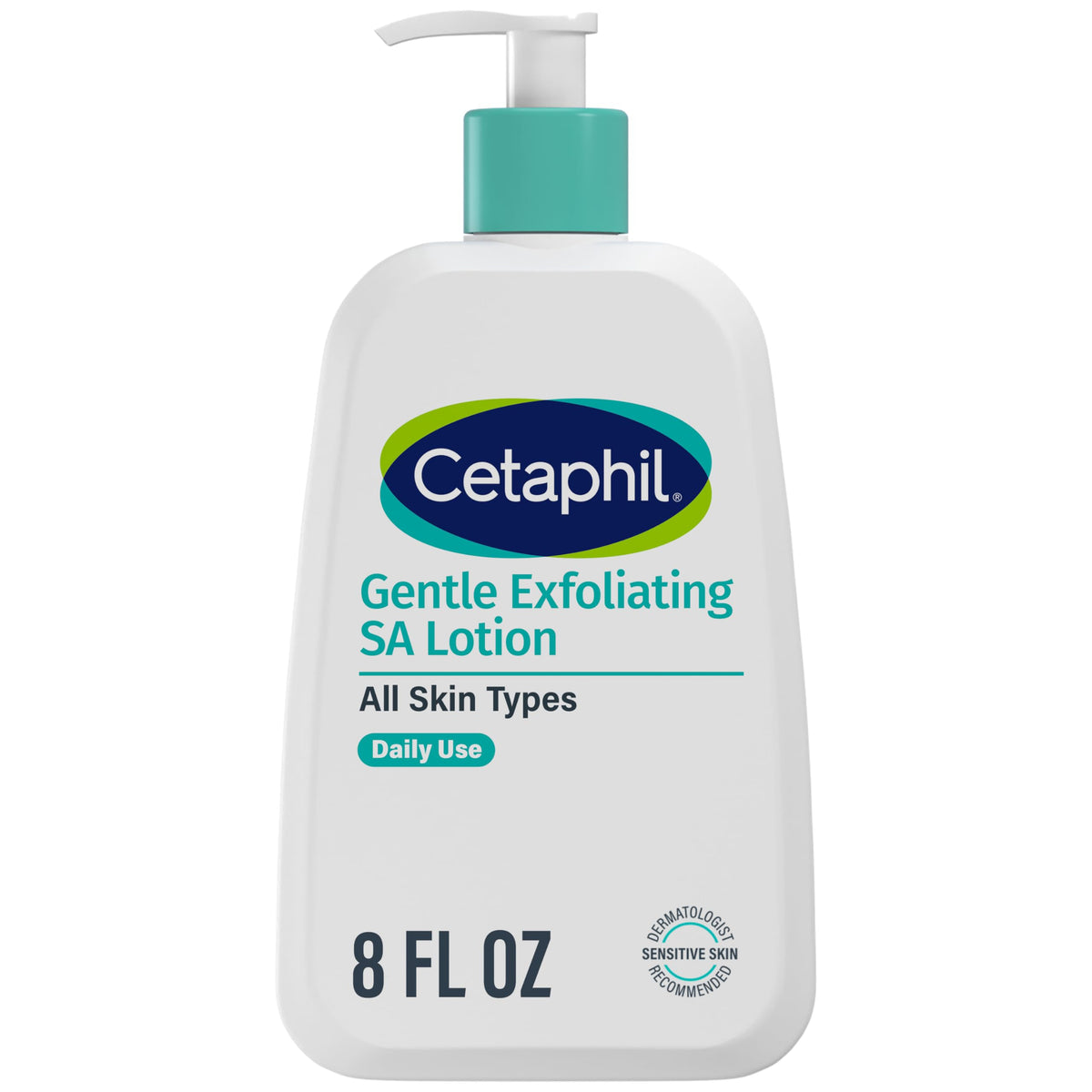 Cetaphil Gentle Exfoliating SA Lotion pump bottle demonstrates daily exfoliation and lightweight hydration.