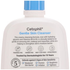 Close-up of Cetaphil Gentle Skin Cleanser showing a gentle, non-soap cleansing action.