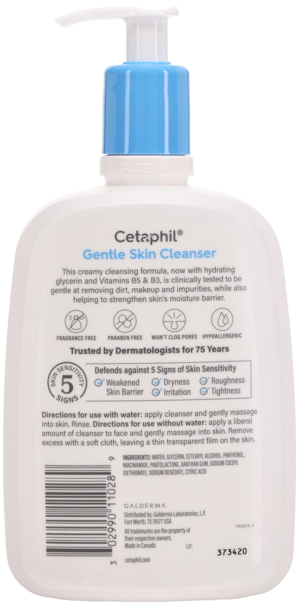 Fragrance-free Cetaphil Gentle Skin Cleanser label highlighting a non-irritating formula for sensitive skin.