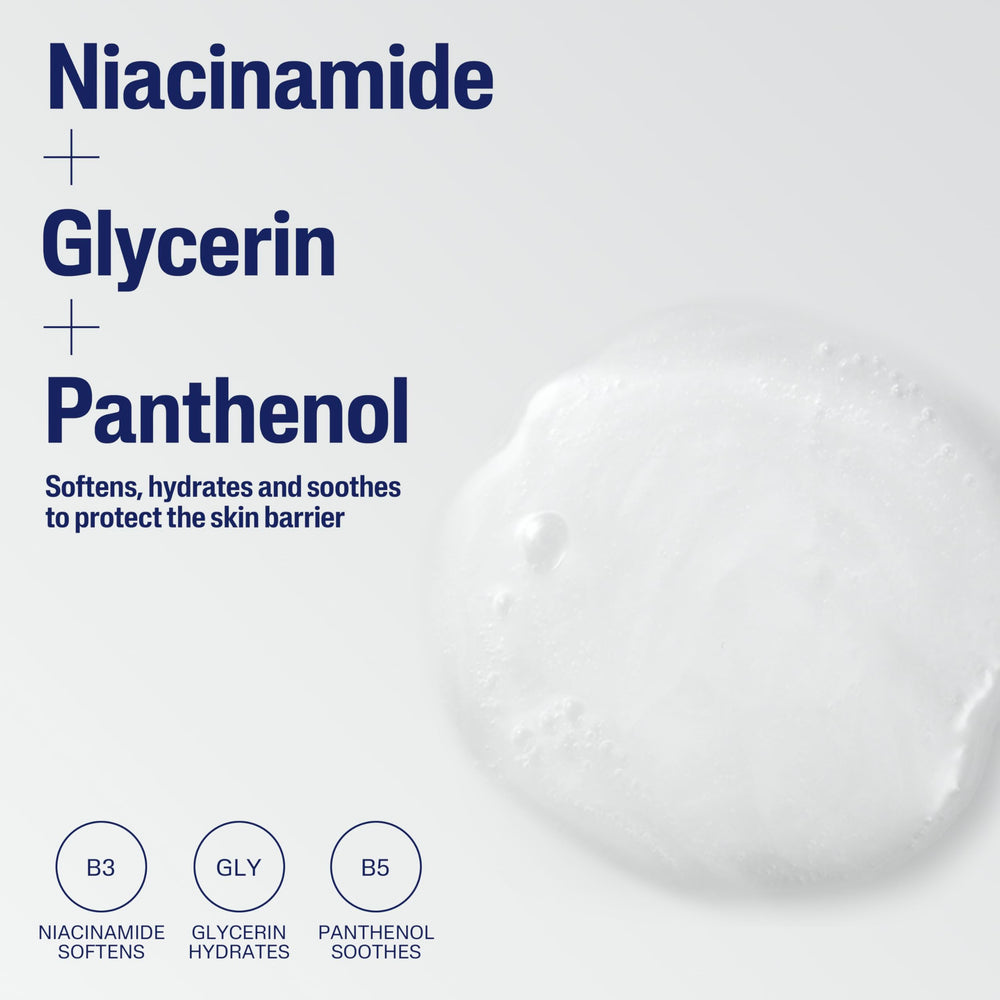 Ingredient icons show glycerin, panthenol, and niacinamide supporting hydration and barrier health.