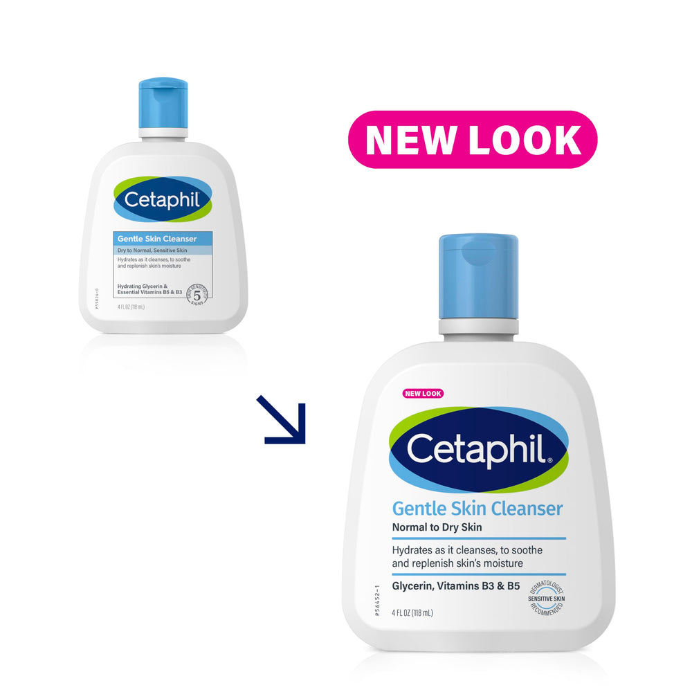 Cetaphil Gentle Skin Cleanser label detail emphasizes fragrance-free and soap-free properties.