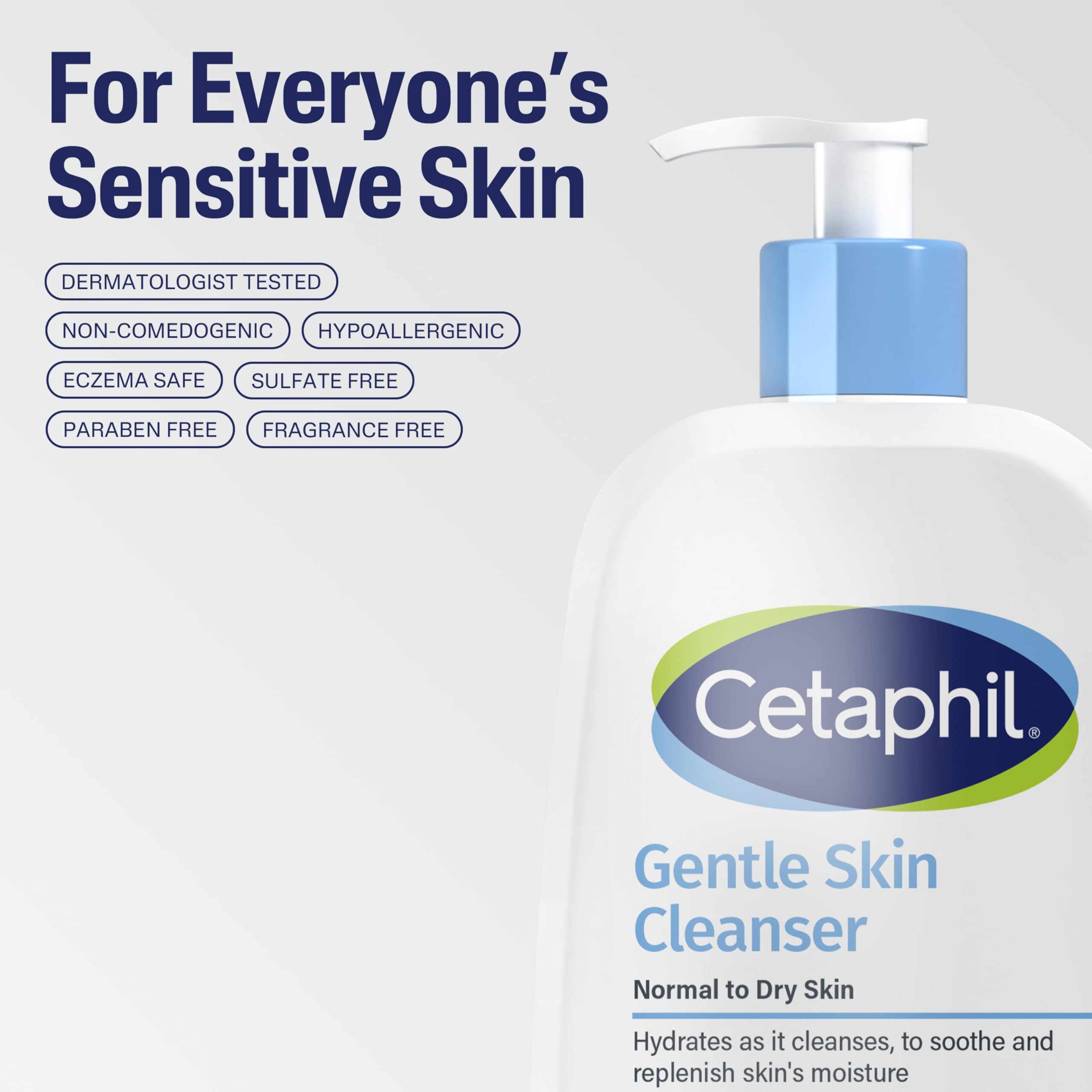 Morning routine scene using Cetaphil Cleanser for sensitive dry-to-normal skin.