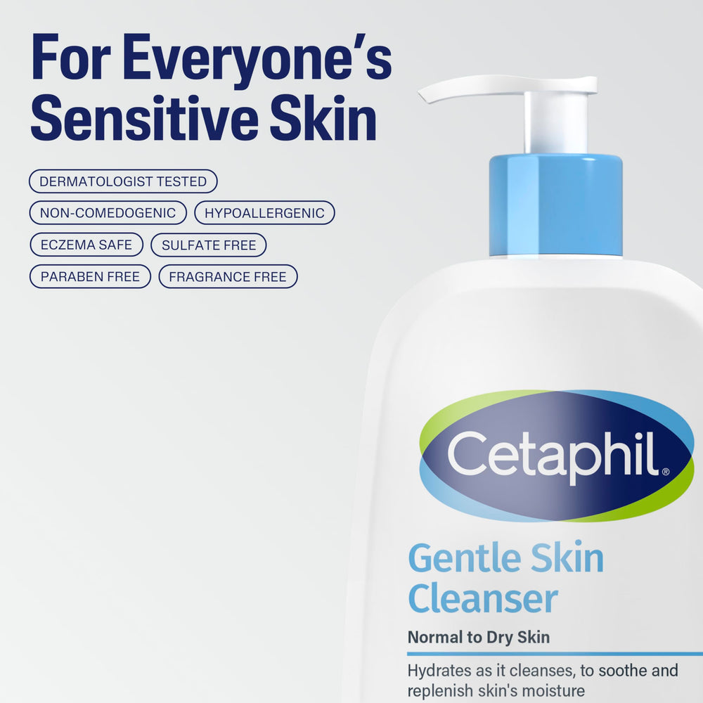 Morning routine scene using Cetaphil Cleanser for sensitive dry-to-normal skin.