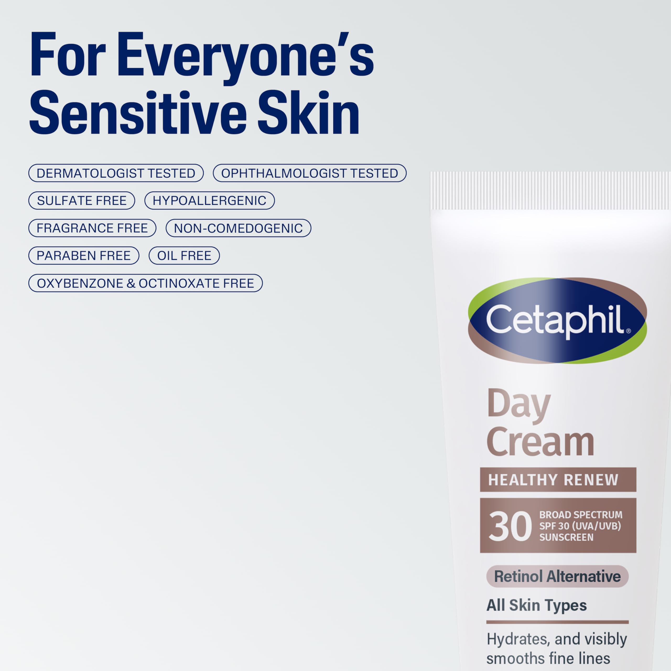 Cetaphil Healthy Renew Day Cream highlights Niacinamide and Panthenol for hydration.