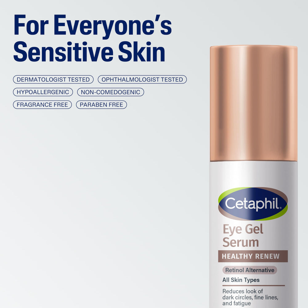 Cetaphil Healthy Renew Eye Gel Serum Edelweiss-rice extracts illustration targets dullness around eyes.