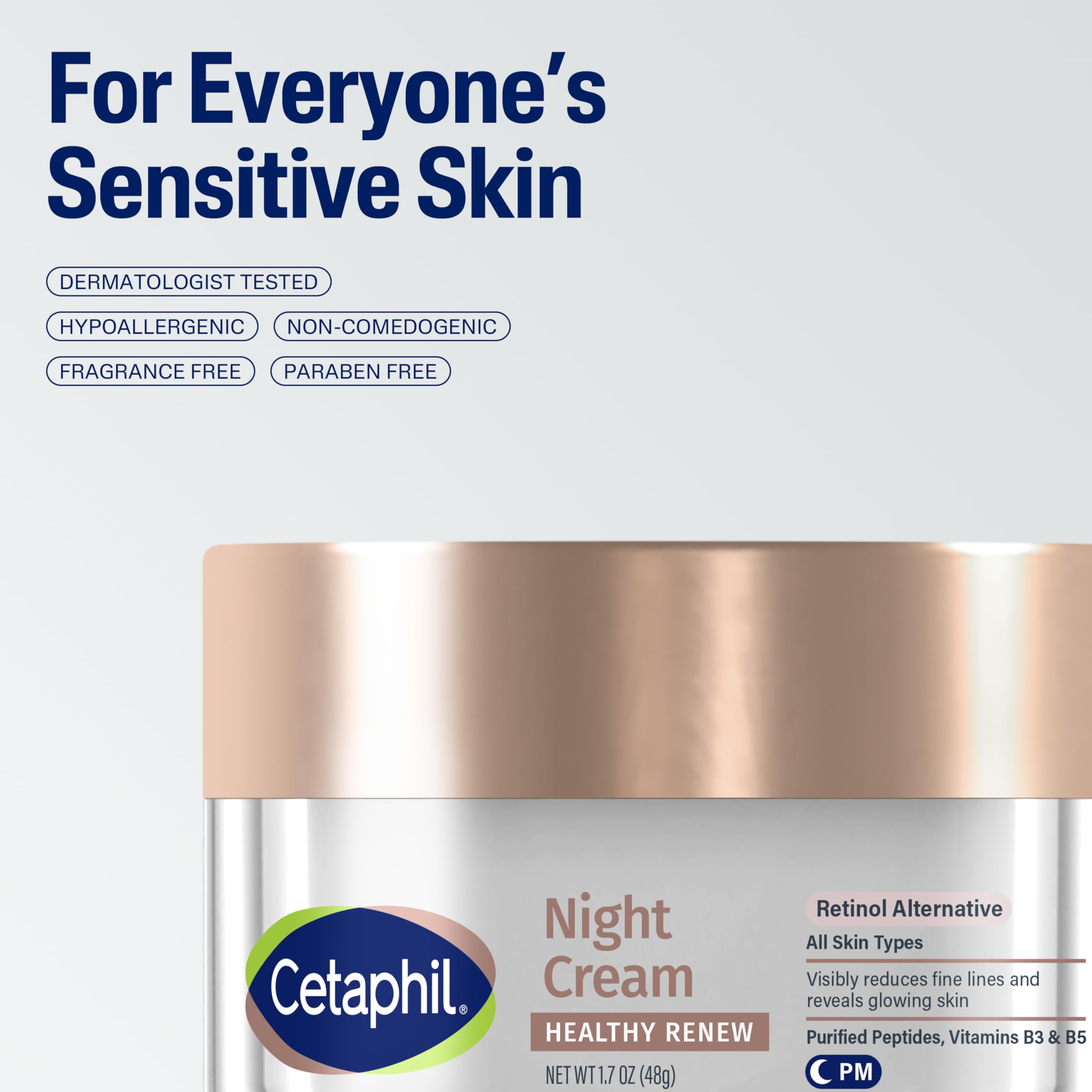 Cetaphil Healthy Renew Night Cream bottle with label focus on dermatologist-tested formula.