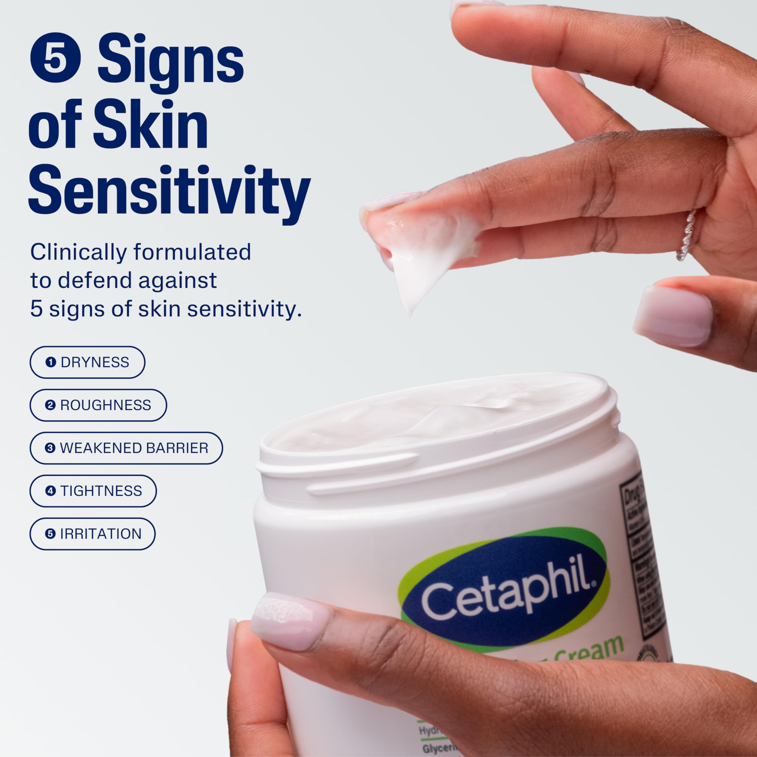 Cetaphil jar close-up shows rich, non-greasy cream for sensitive skin