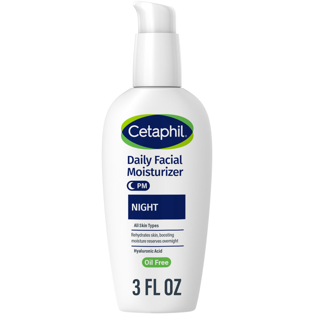 Cetaphil Night Moisturizer bottle close-up for overnight hydration.
