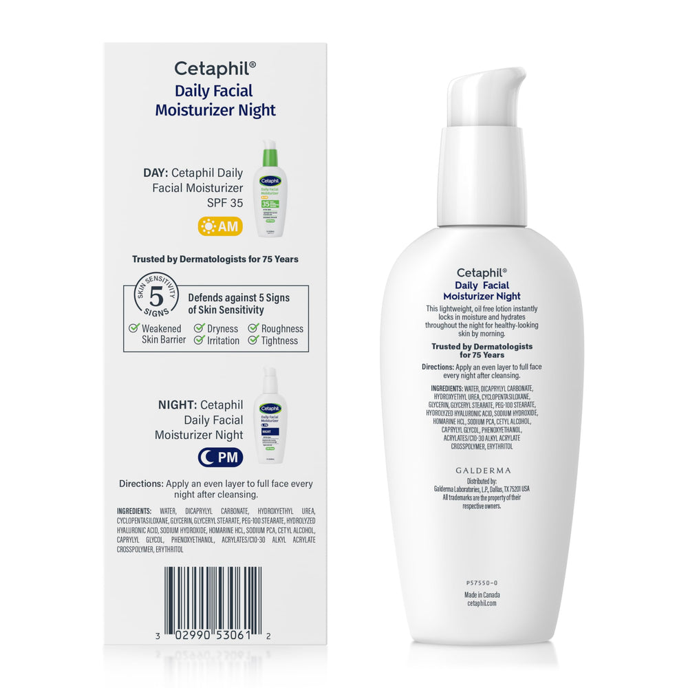 Sensitive skin swatch of Cetaphil Night Moisturizer showing gentle formula.