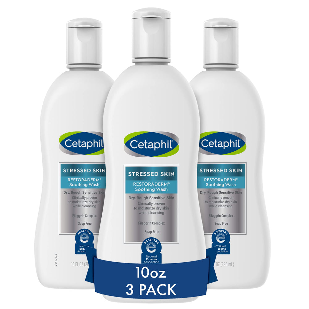 Cetaphil Restoraderm Soothing Wash bottle front view, gentle cleanser for dry, sensitive skin.