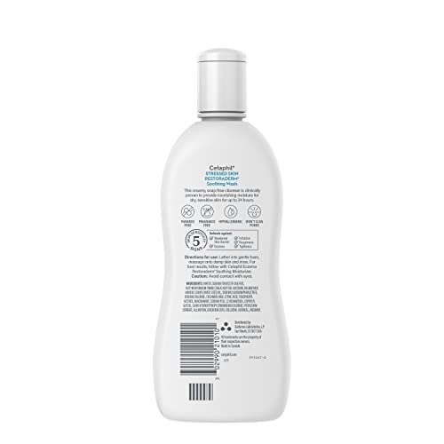 Cetaphil Restoraderm Soothing Wash label closeup, includes moisturizers and vitamin E.