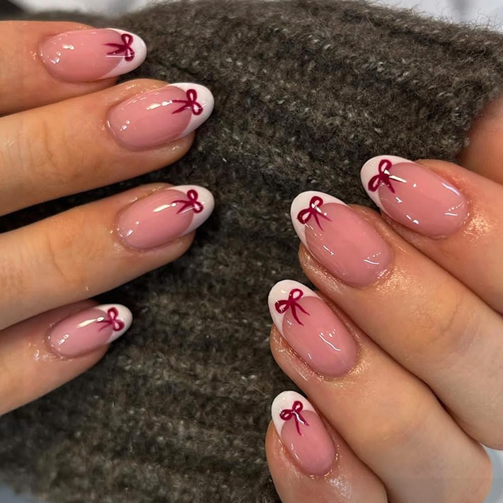 CEWEWP white French tip nails almond short red bow for elegant everyday wear