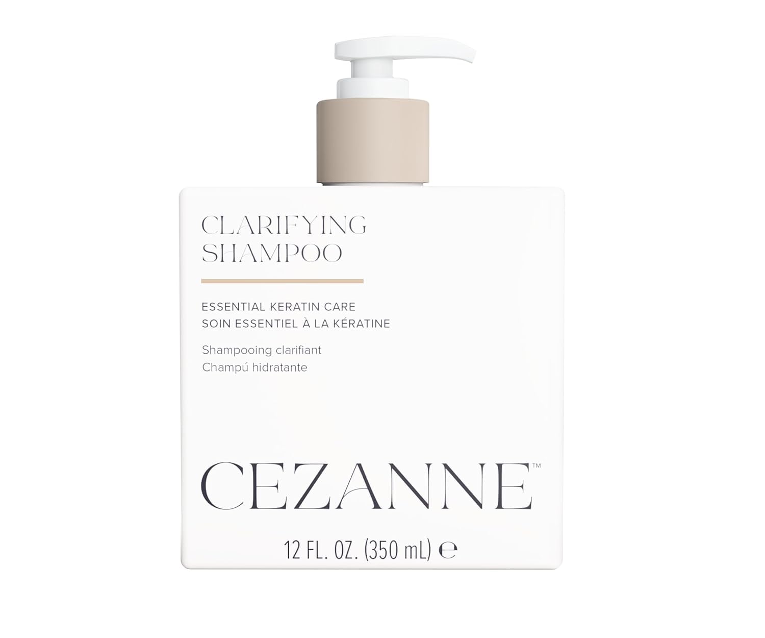 Cezanne Clarifying Shampoo bottle demonstrates a deep cleanse to remove oil and buildup