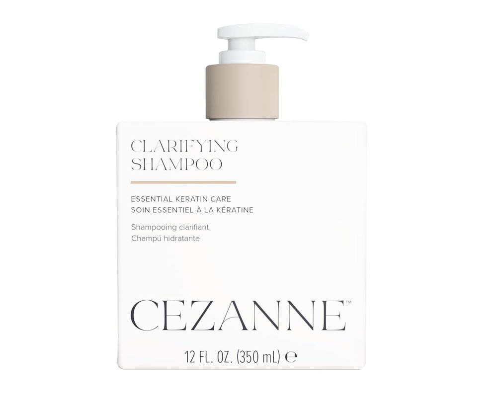 Cezanne Clarifying Shampoo bottle demonstrates a deep cleanse to remove oil and buildup