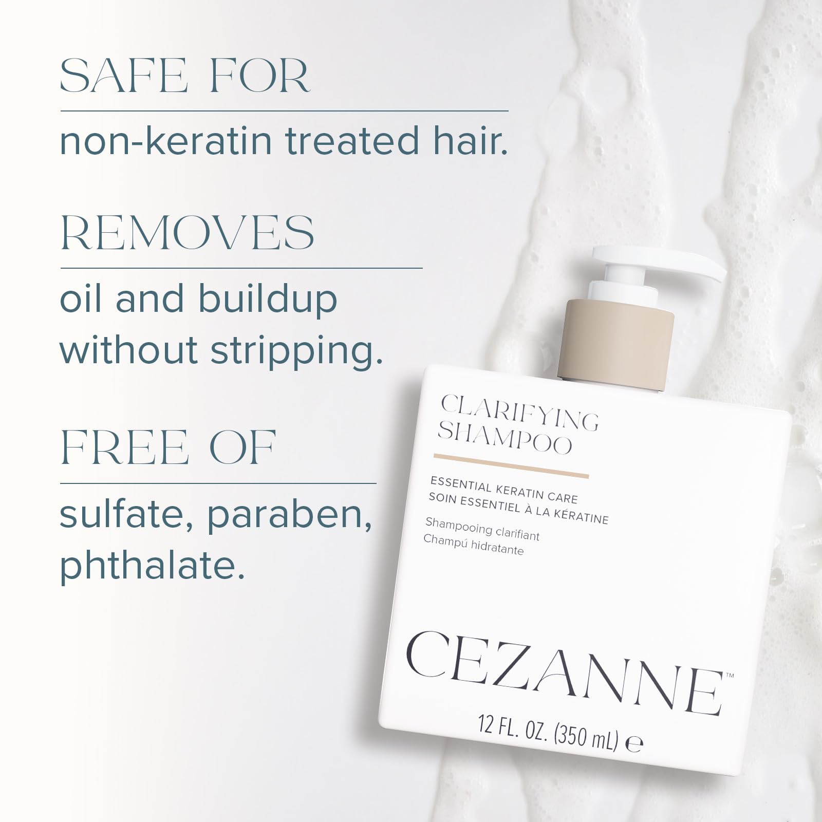 Cezanne Clarifying Shampoo packaging highlights paraben-free and cruelty-free formula