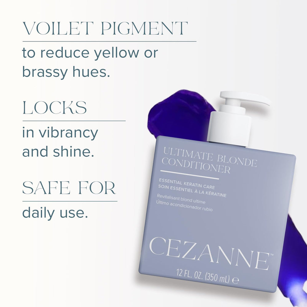 Cezanne Ultimate Blonde Conditioner glossy bottle view suggesting shine and manageability.