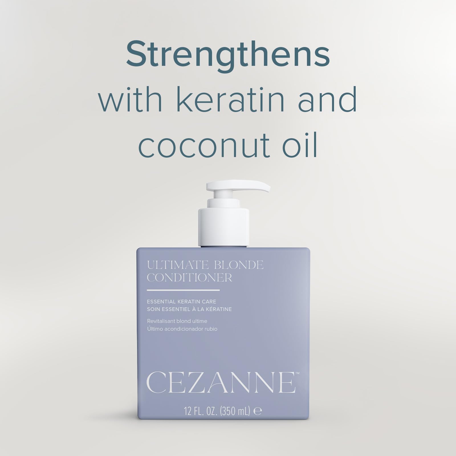 Cezanne Ultimate Blonde Conditioner packaging highlighting cruelty-free and keratin care features.